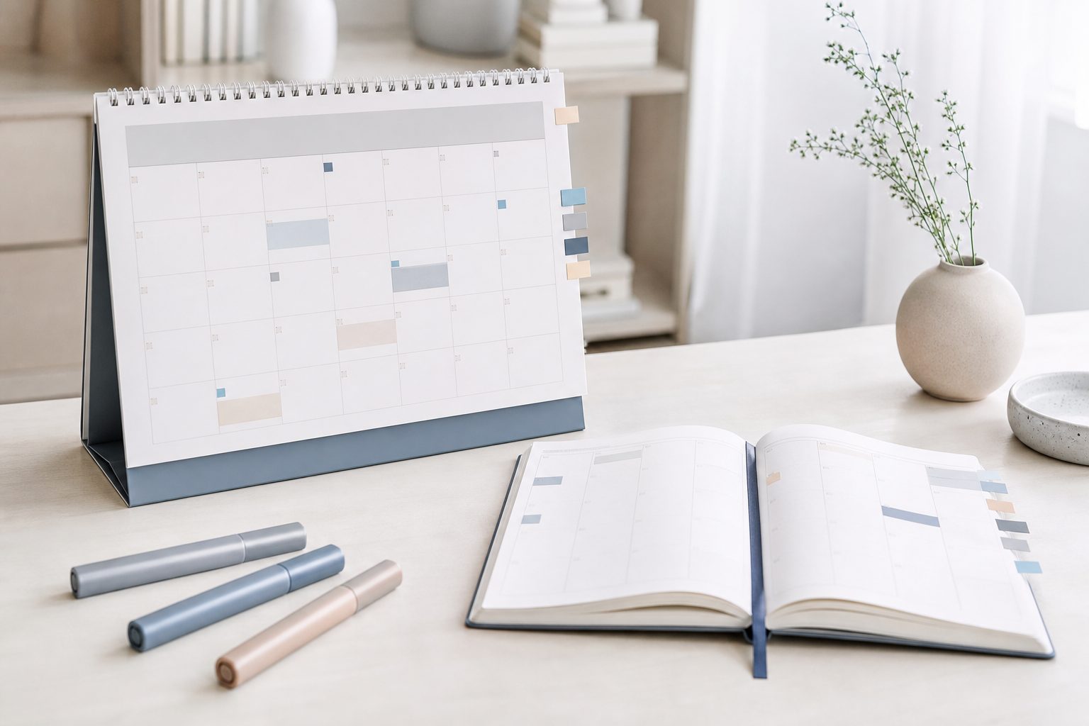 Wall calendar and planner with colored date tabs on a pale desk in an airy room