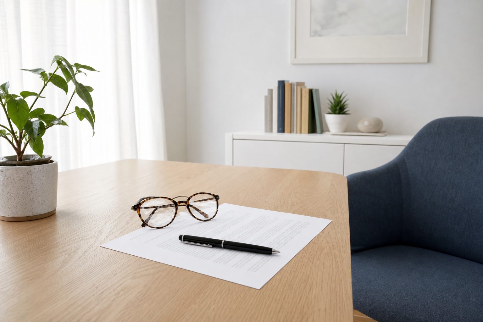 Bright office desk with a printed agreement, glasses and pen in soft even daylight