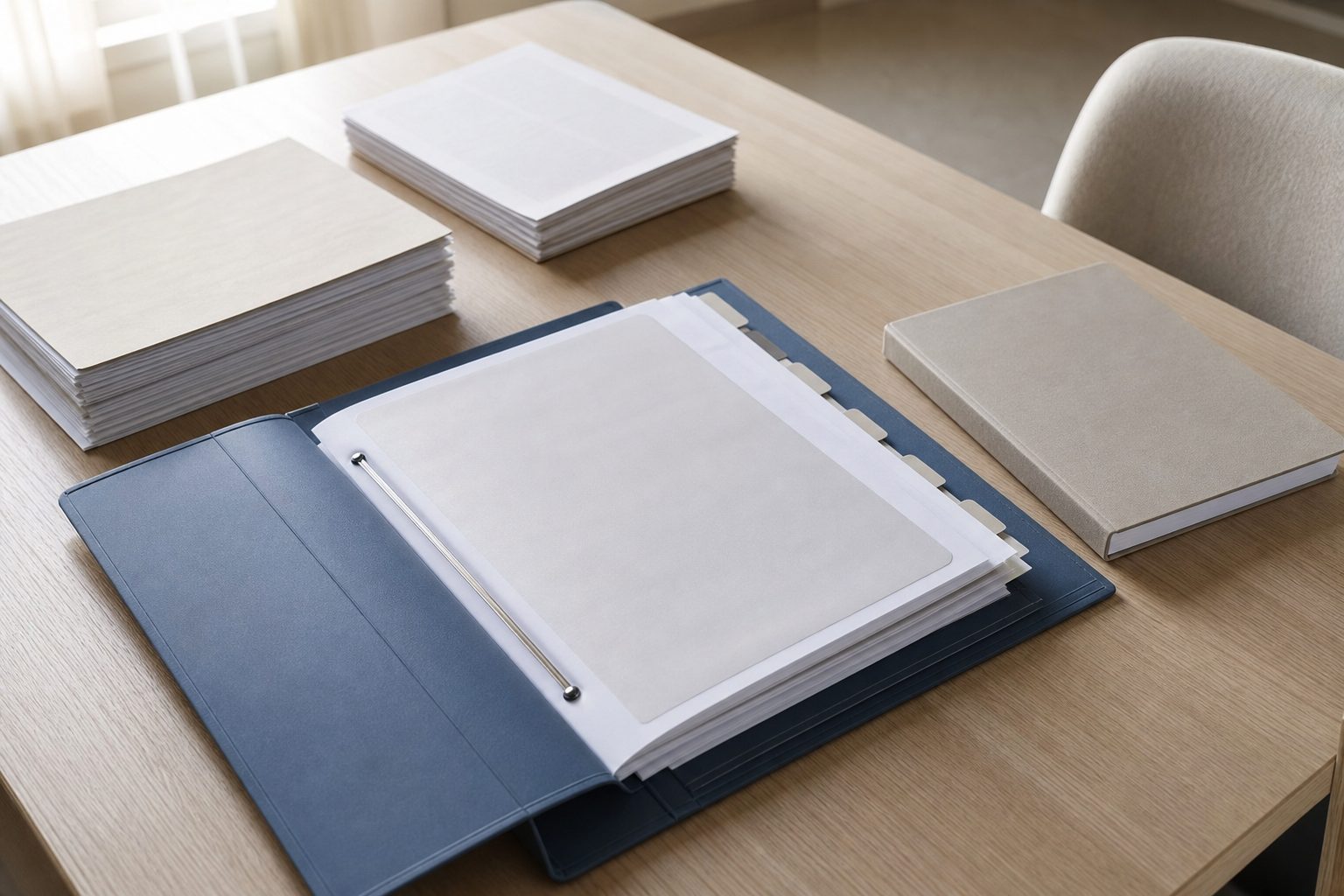 Open tabbed binder and sorted paper stacks on a pale wood table in soft daylight