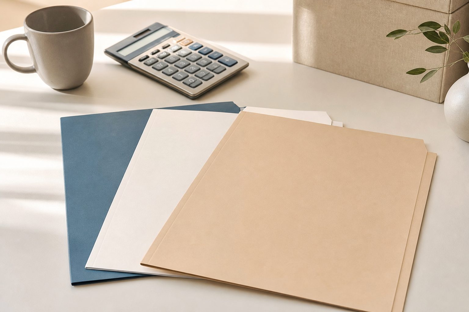 Three folders fanned side by side on a light desk with a calculator in morning light