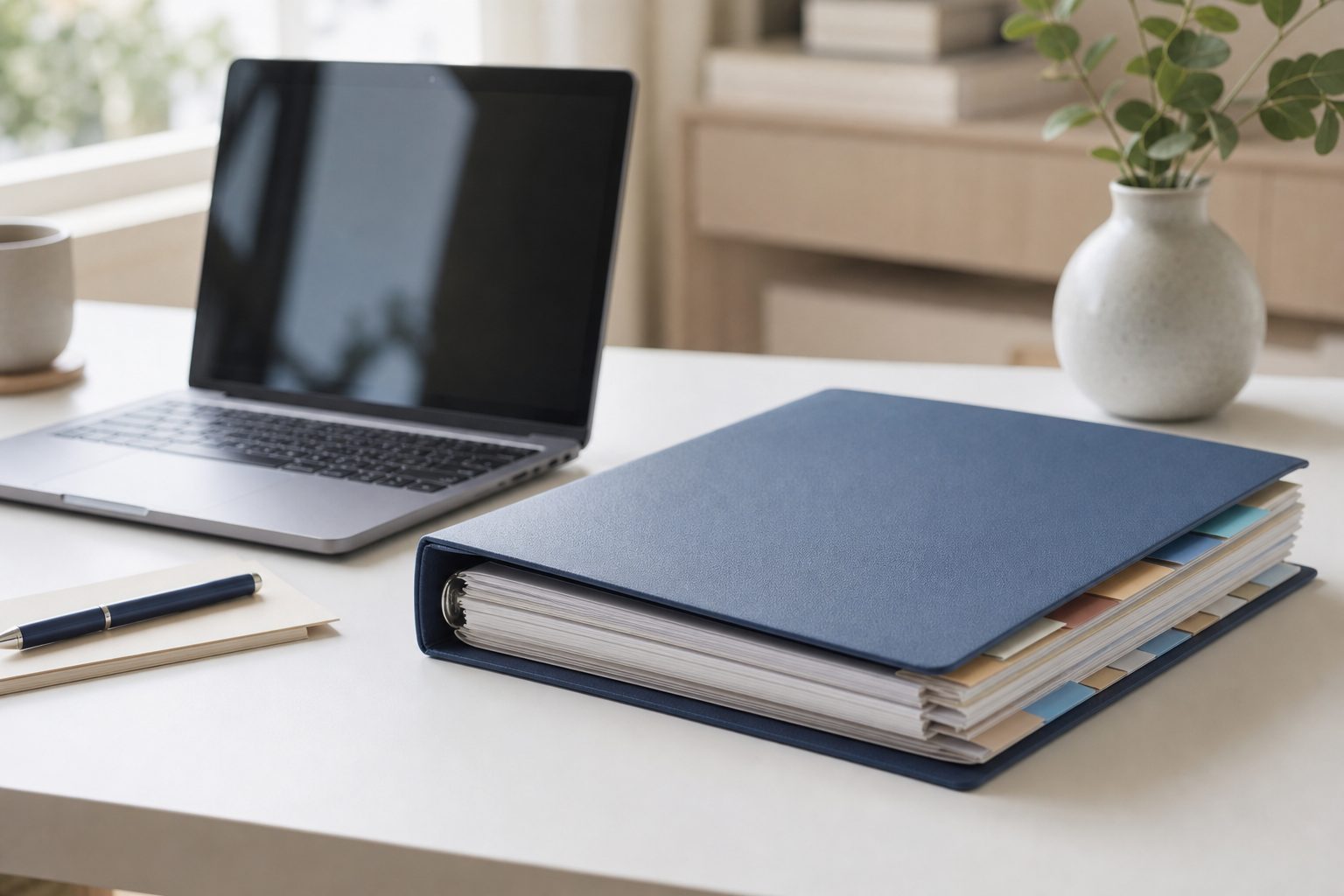 Laptop open beside a physical tabbed binder on a bright white desk in daylight