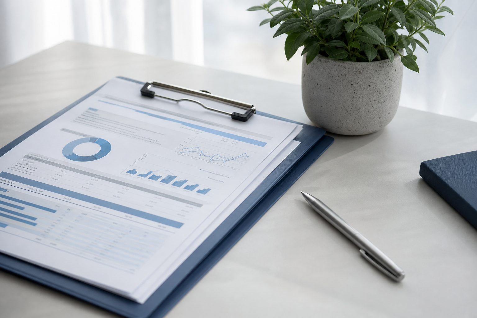 Retirement plan statements clipped into a folder on a light desk beside a small plant