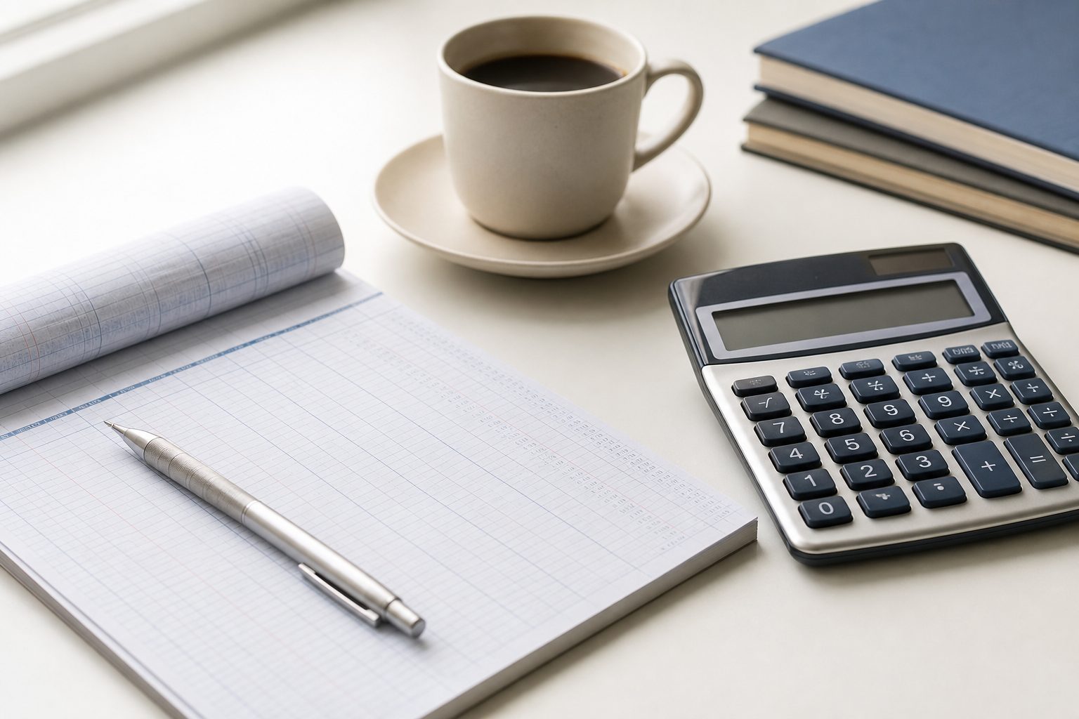 Paper ledger, calculator and coffee cup on a bright white desk in soft daylight