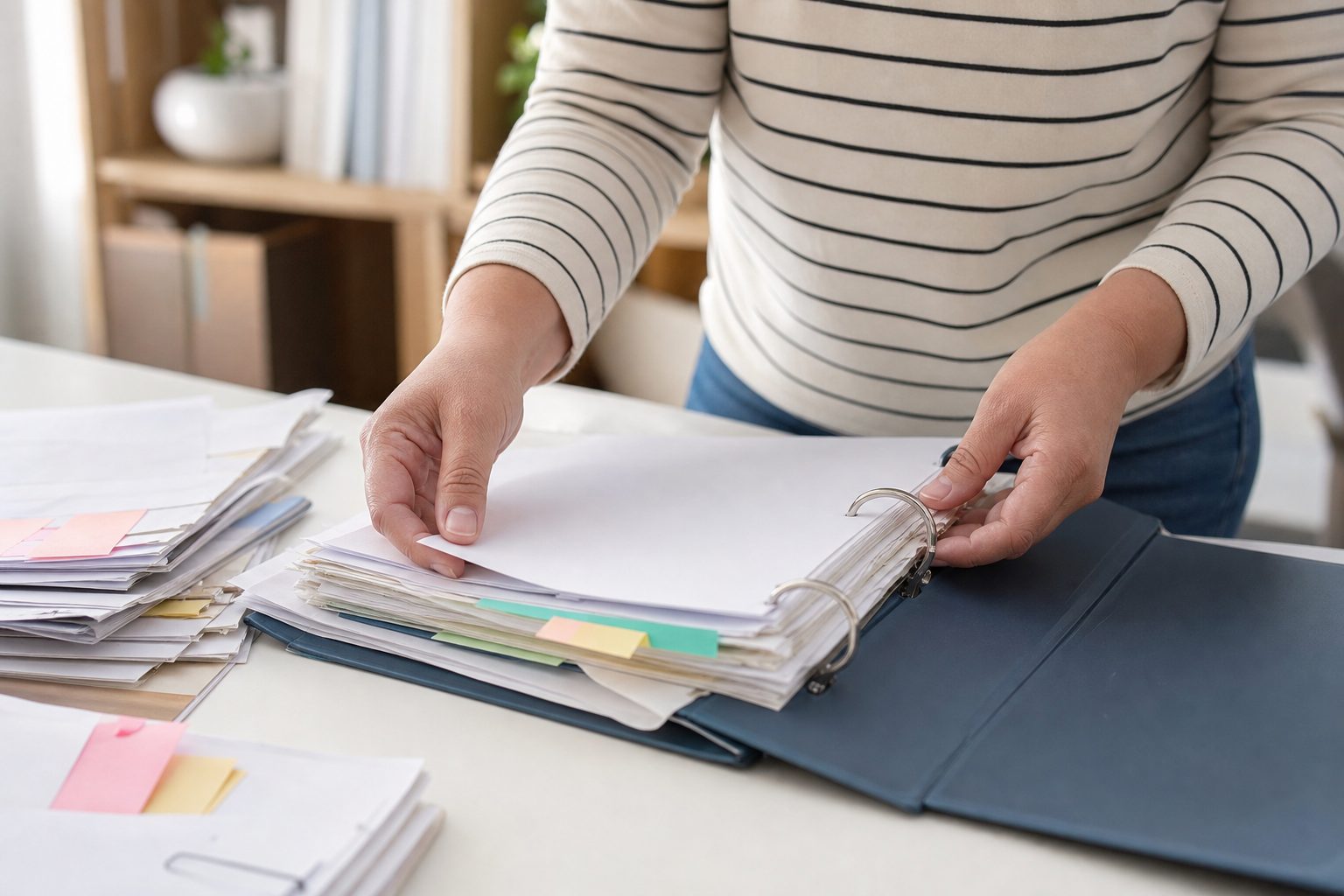Loose papers and sticky notes being sorted into a clean binder on a bright table
