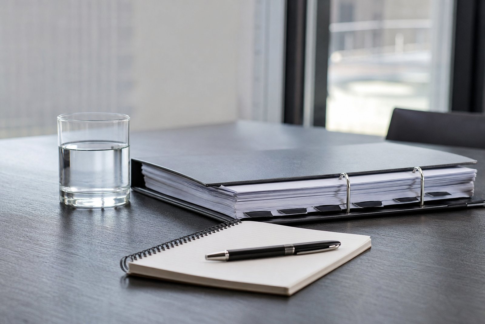 A tabbed binder, a notebook, a pen and a glass of water on a quiet office table in soft daylight